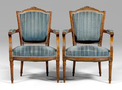 Appraisal: Pair Louis XVI style fauteuils carved beech wood with blue