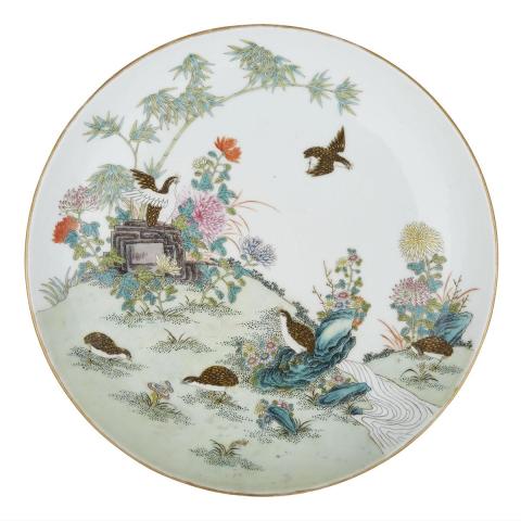 Appraisal: A Large Famille Rose Quails and Chrysanthemum Charger Guangxu Mark