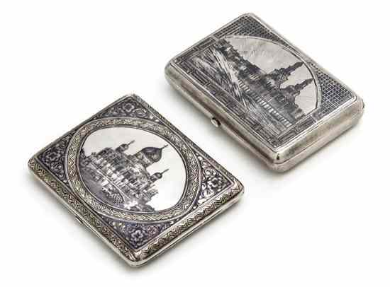 Appraisal: Two Russian Niello Silver Cigarette Cases Moscow each with architectural