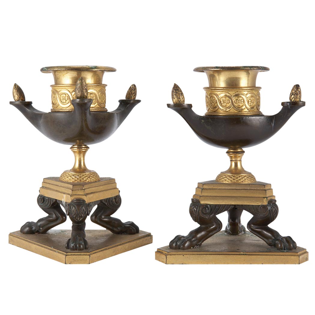 Appraisal: Pair of Empire Gilt and Patinated-Bronze Candlesticks Circa Each in