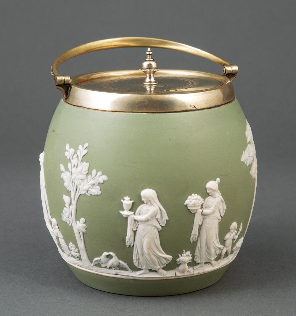 Appraisal: Wedgwood Jasperware and Silverplate-Mounted Biscuit Barrel