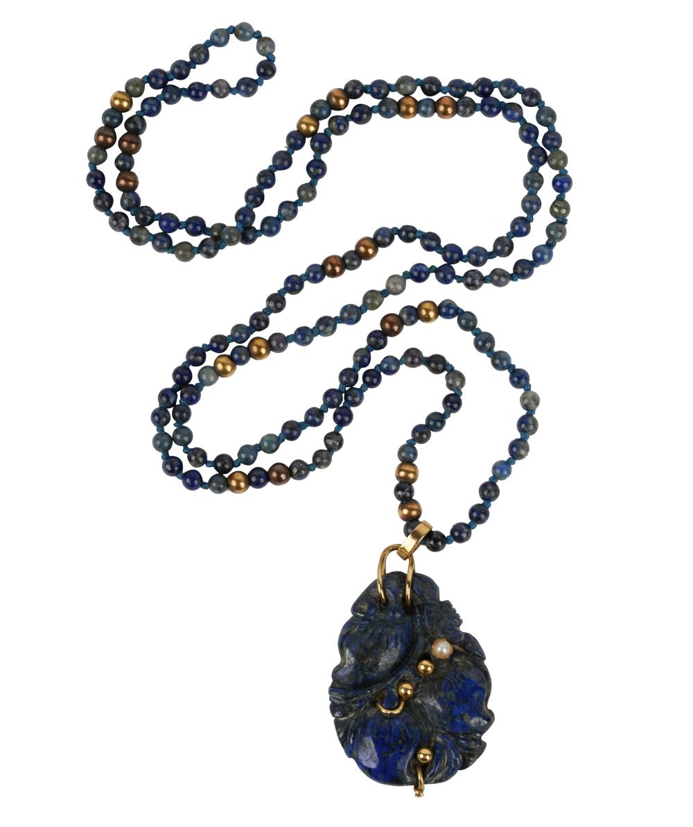 Appraisal: KARAT YELLOW GOLD LAPIS LAZULI PEARL NECKLACEcontaining one drop shape