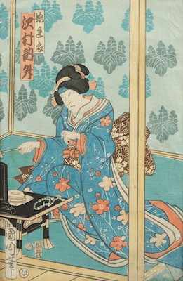 Appraisal: A Japanese Woodblock Print Geisha before a table Woodblock print