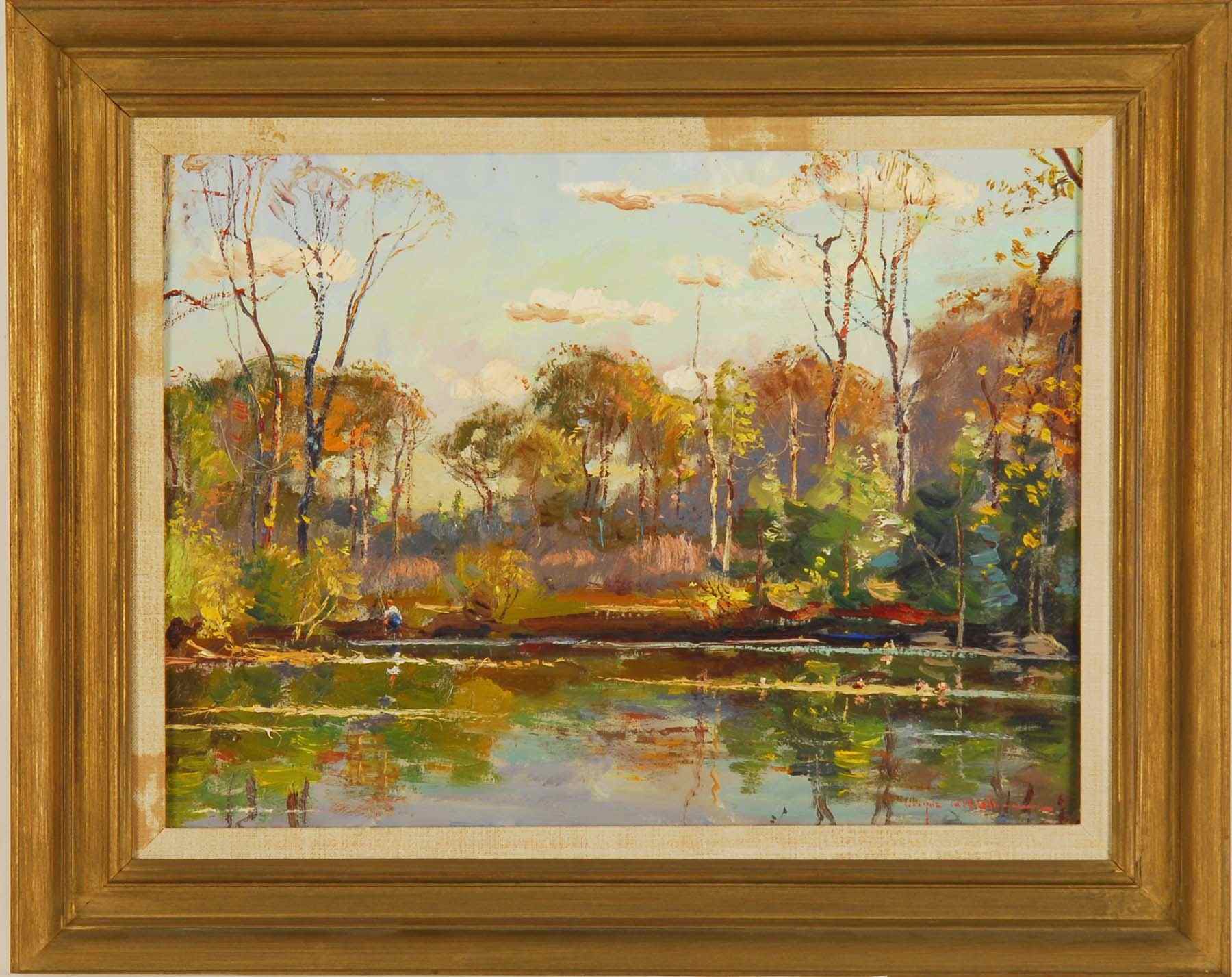 Appraisal: WAYNE BEAM MORRELLAmerican b Autumnal lake scene with fishermen Signed