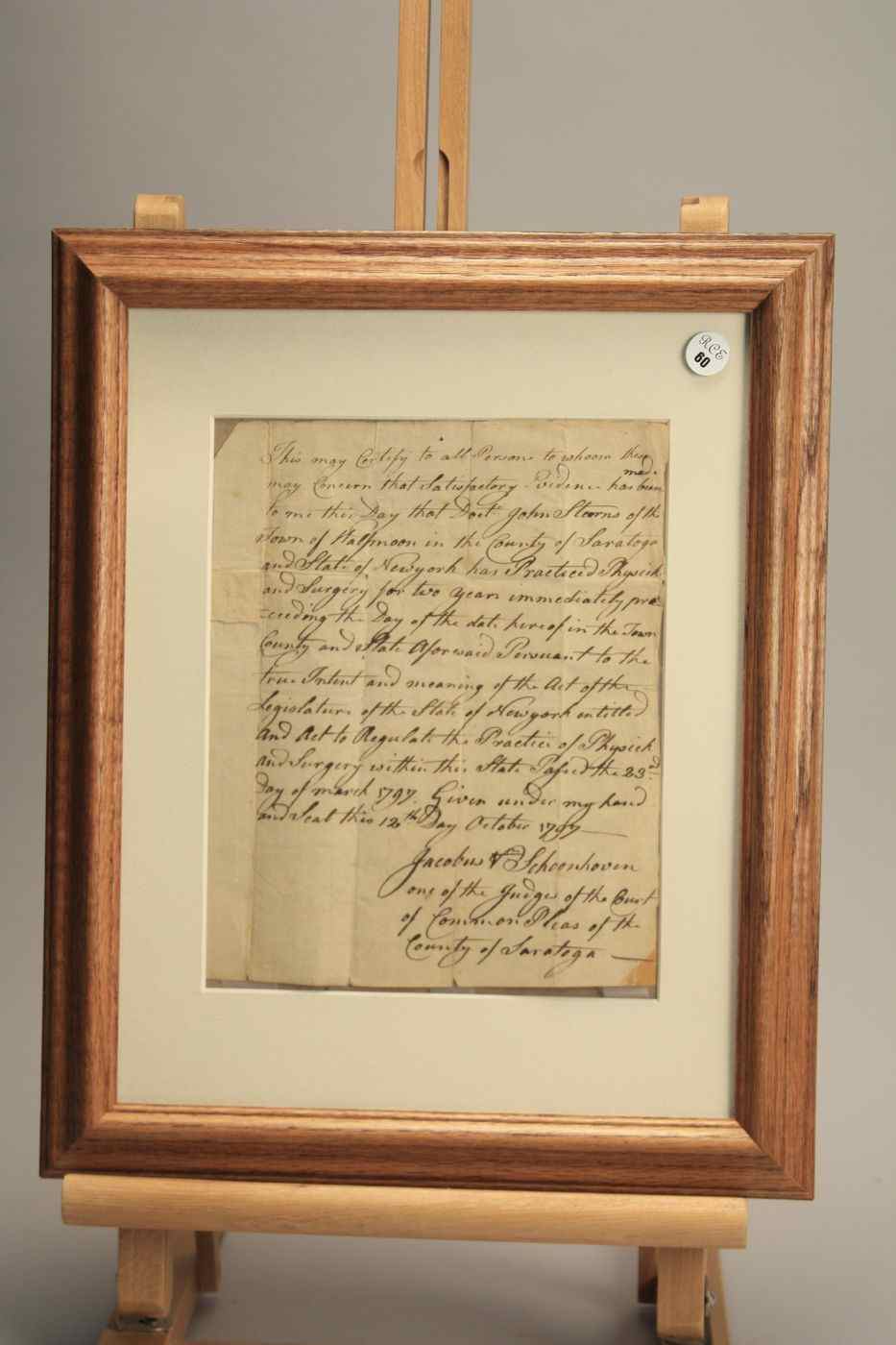 Appraisal: FRAMED A D S JACOBUS SCHOONHOVENCertifying that Doctor John Stearns