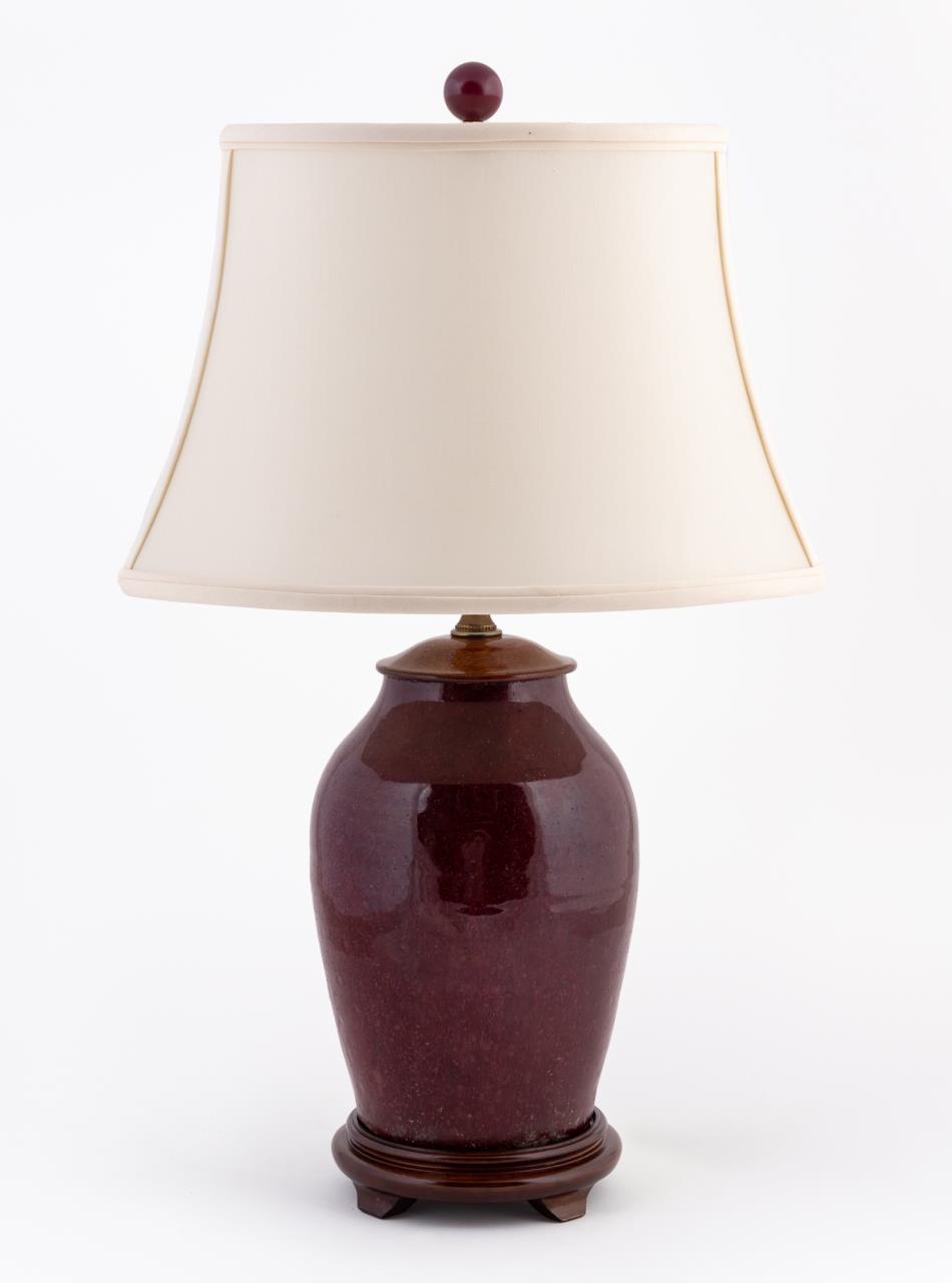 Appraisal: CHINESE SANG DE BOEUF TABLE LAMP WITH SHADE Chinese Sang