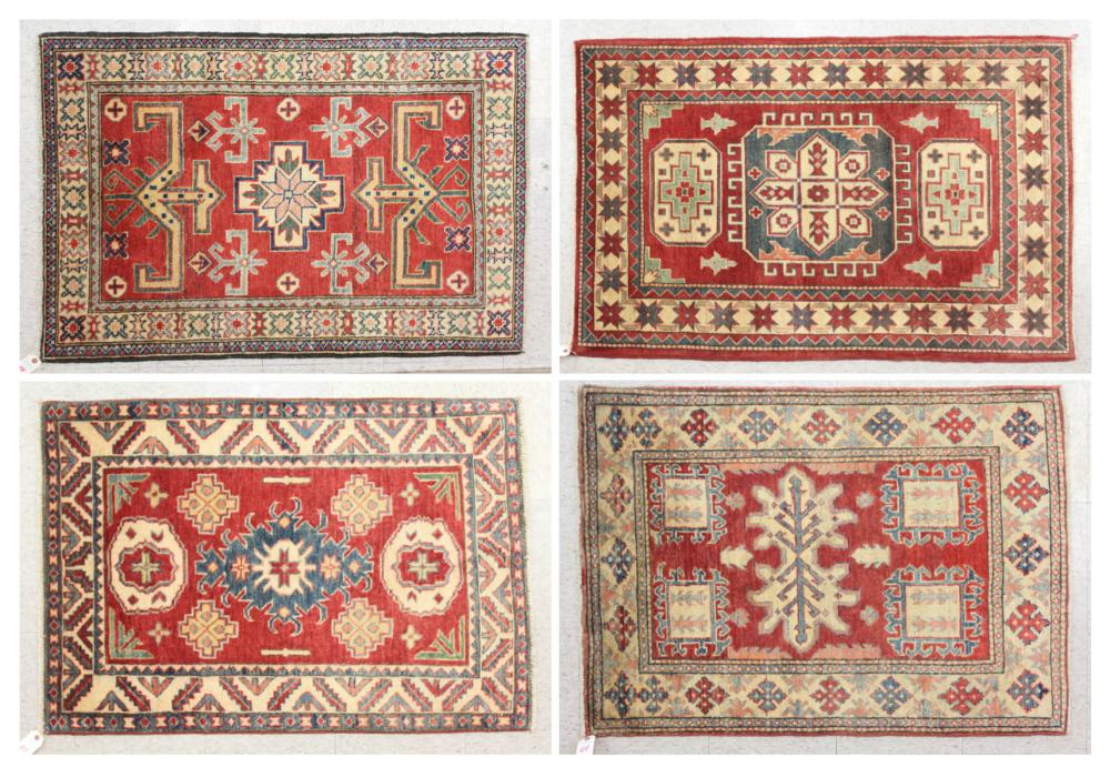 Appraisal: FOUR SMALL HAND KNOTTED ORIENTAL AREA RUGS Pakistani Caucasians similar