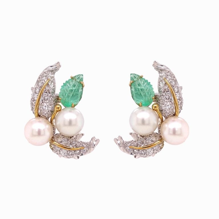 Appraisal: Emerald Pearl And Diamond Earrings Emerald Pearl And Diamond Earrings