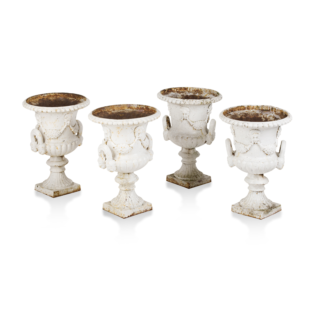 Appraisal: SET OF FOUR WHITE PAINTED CAST IRON URNS of compana