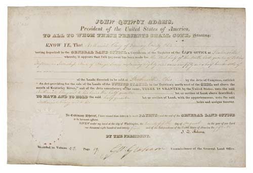 Appraisal: ADAMS JOHN QUINCY Partly-printed vellum Document Signed as President land