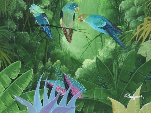 Appraisal: Framed acrylic on canvas painting Tropical Parrots signed lower right