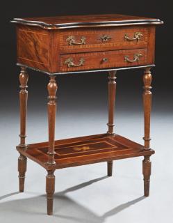 Appraisal: Marquetry and Parquetry Inlaid Mahogany Work Table Marquetry and Parquetry