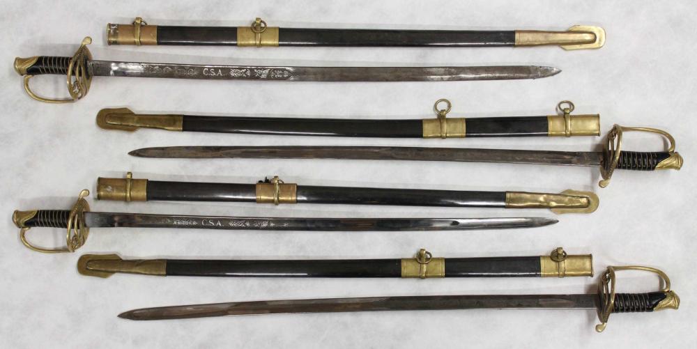 Appraisal: FOUR REPRODUCTION CIVIL WAR CS CAVALRY SWORDS etched blades brass