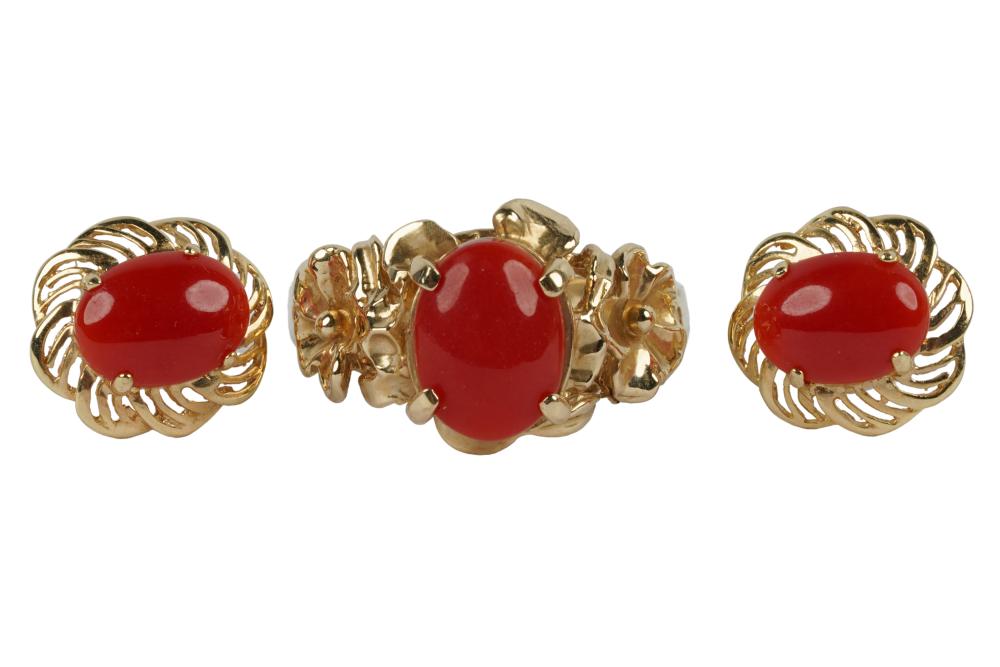 Appraisal: KARAT YELLOW GOLD CORAL JEWELRY SUITEcomprising a ring and a