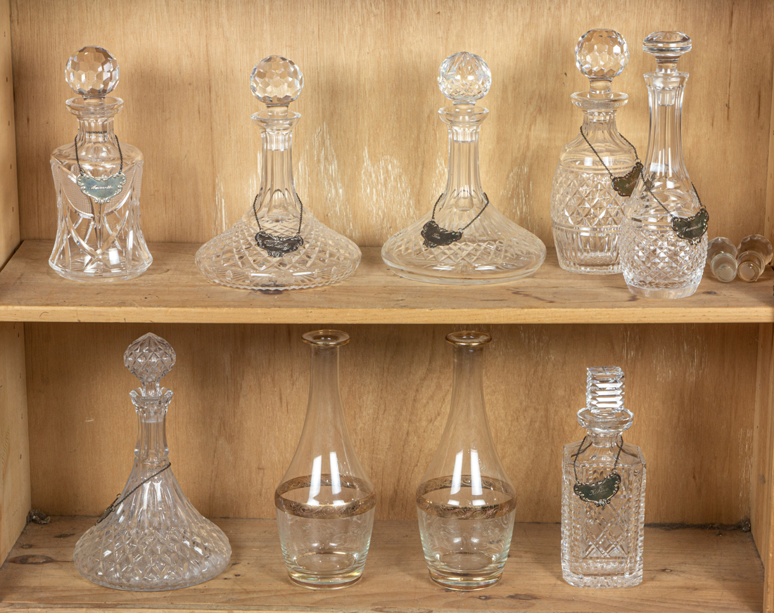 Appraisal: LOT OF CUT GLASS DECANTERS INCLUDING WATERFORD BOTTLES AND SILVER