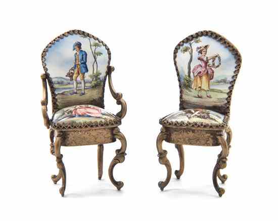 Appraisal: A Pair of Austrian Enameled Diminutive Chairs each decorated with