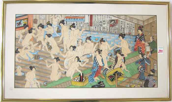 Appraisal: JAPANESE MIXED MEDIA PAINTING Bathhouse with women and children bathing