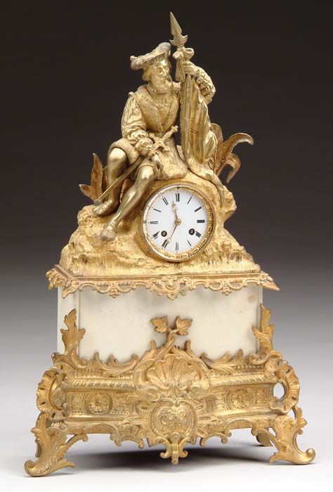 Appraisal: FIGURAL BRONZE AND MARBLE MANTLE CLOCK Round white porcelain dial