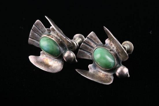 Appraisal: SILVER GREEN STONE BIRD EARRINGS Screwbacks L Stamped Mexican Silver