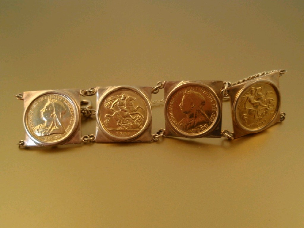 Appraisal: Four sovereigns set in yellow metal as a bracelet and