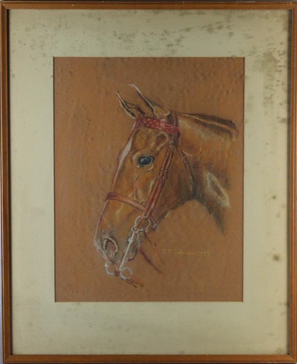 Appraisal: JOHNSON HEAD OF A HORSE along with TWO BIRD PRINTS