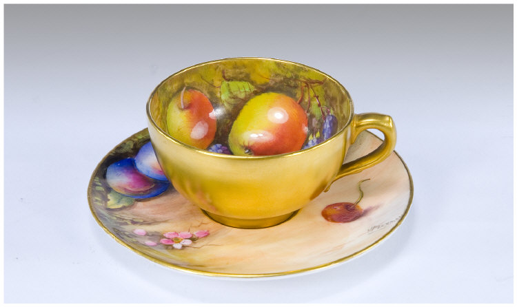 Appraisal: Royal Worcester Miniature Cup and Saucer Handpainted in plums cherries