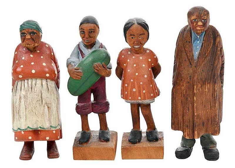 Appraisal: Four Tom Brown Carved and Polychrome Figures attributed to Tom