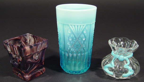 Appraisal: Three Victorian glass items comprised a blue vaseline glass beaker