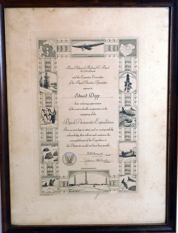 Appraisal: Framed wall certificate presented by Admiral Richard E Byrd to