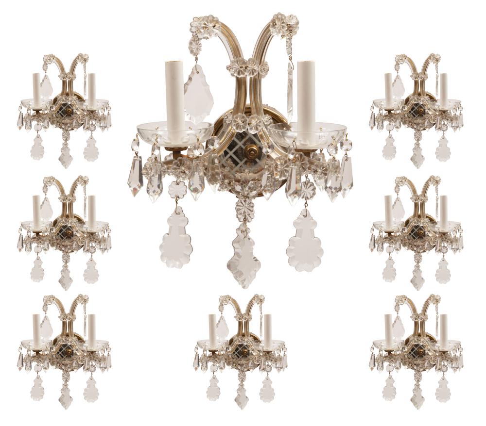 Appraisal: Set of Eight Continental Cut Crystal Two-Light Sconces mirrored backplate