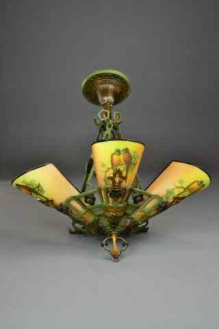 Appraisal: ART DECO CHANDELIER W SHADESLovely metal painted chandelier done in