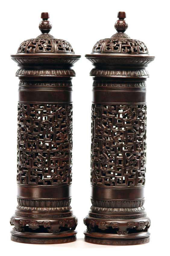 Appraisal: PAIR TALL HARDWOOD PERFUMERS Pair tall Chinese hardwood perfumers with