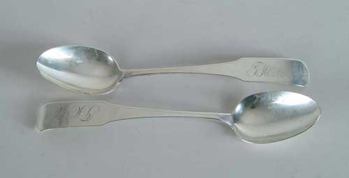 Appraisal: PAIR OF COIN SILVER TABLE SPOONS BY PETER KIRKWOOD MARYLAND