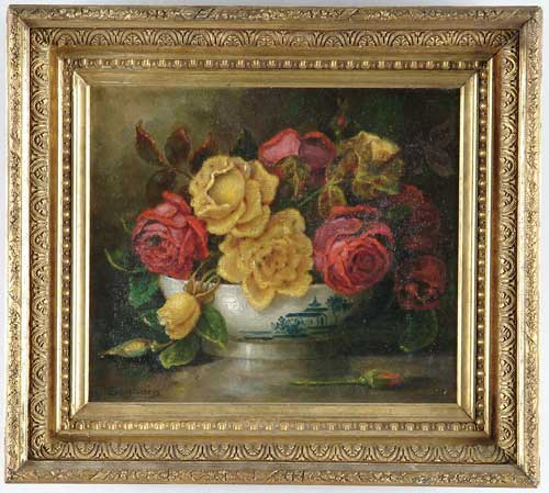 Appraisal: PERCY A SANBORN American - ROSES Oil on canvas still