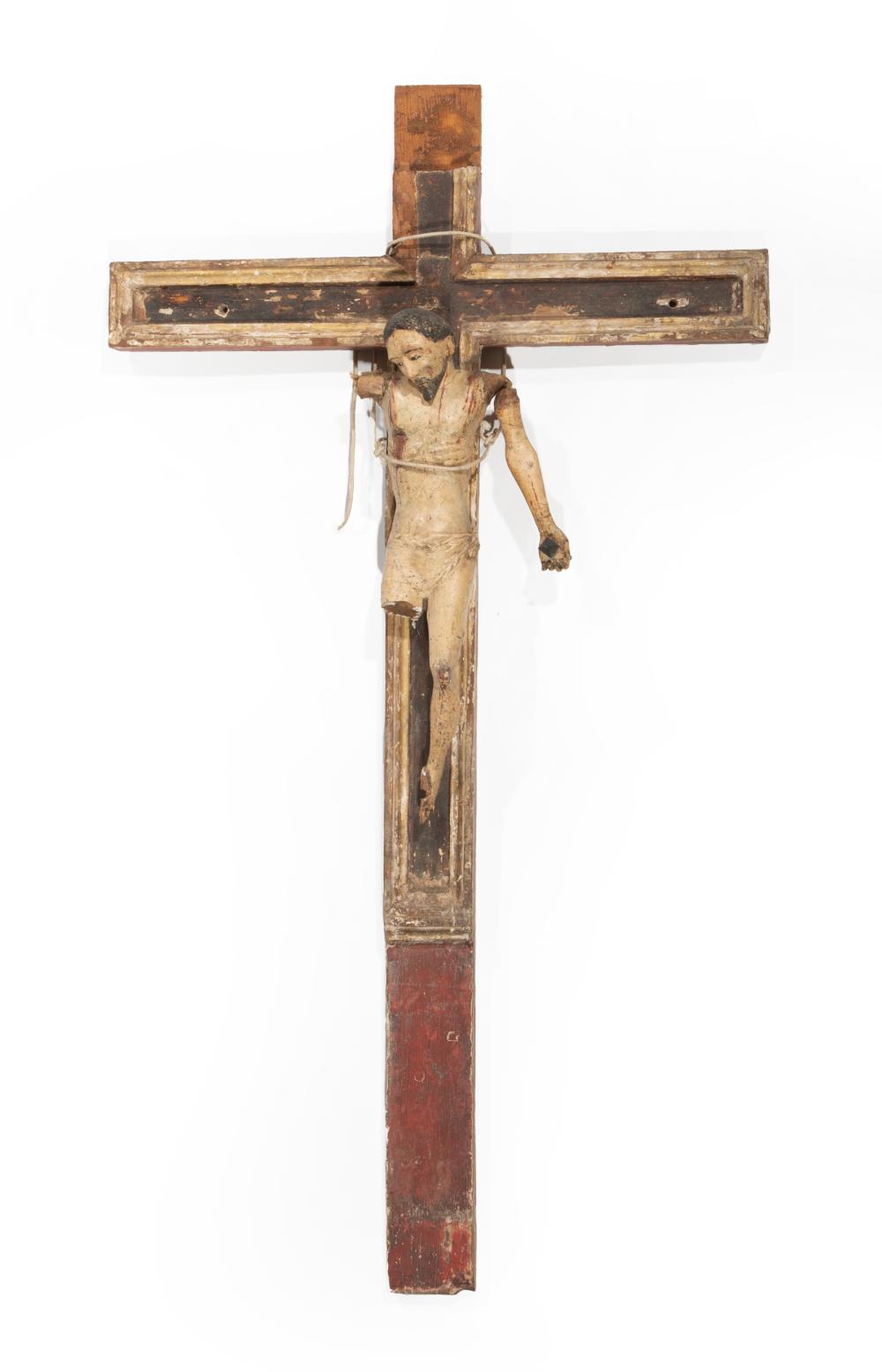 Appraisal: Antique Carved and Painted Wood Crucifix lacking arm and leg