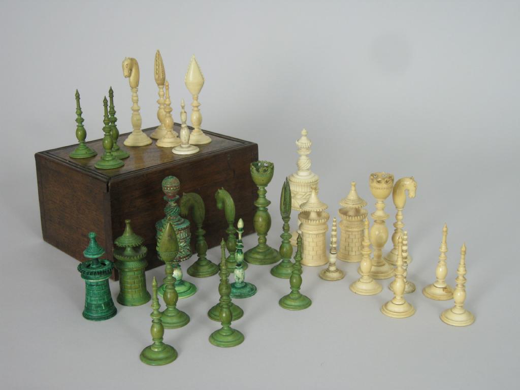 Appraisal: An antique ivory Chess Set in green and white finely