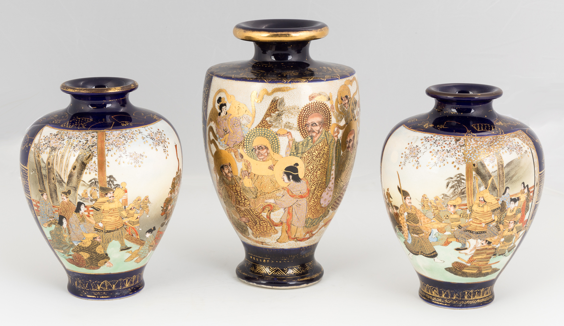 Appraisal: Three Hand Painted Japanese Satsuma Vases Early th century Signed