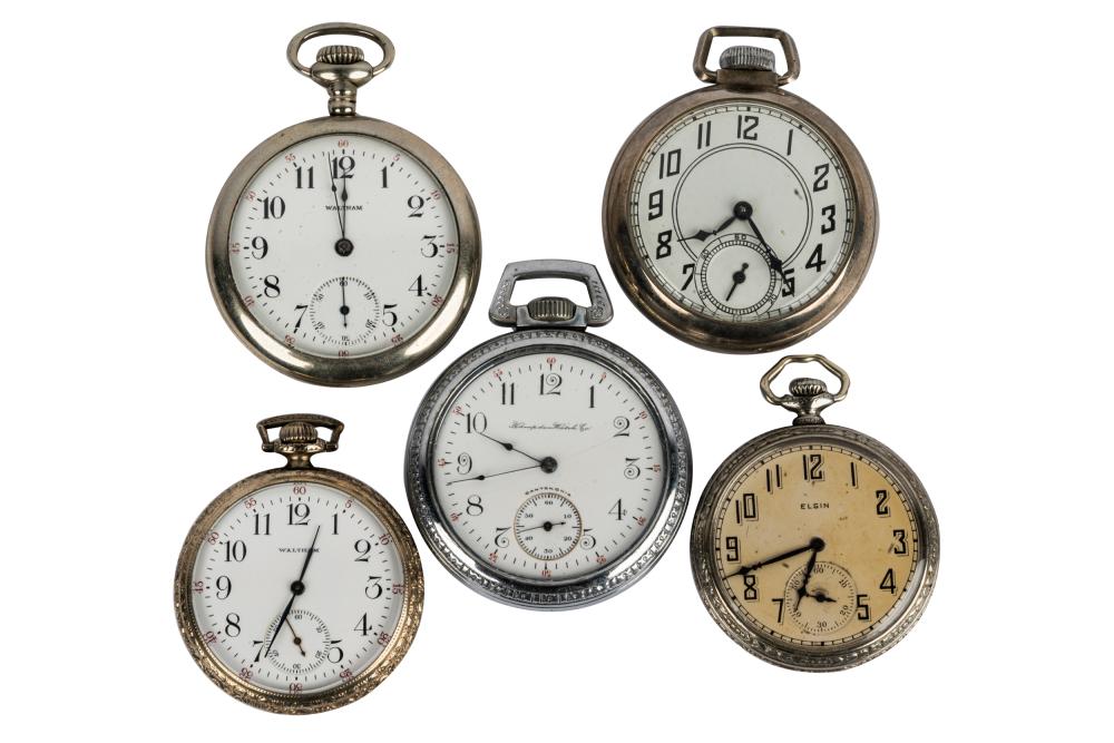 Appraisal: FIVE SILVERED POCKET WATCHEScomprising two Waltham one Elgin one Hampden