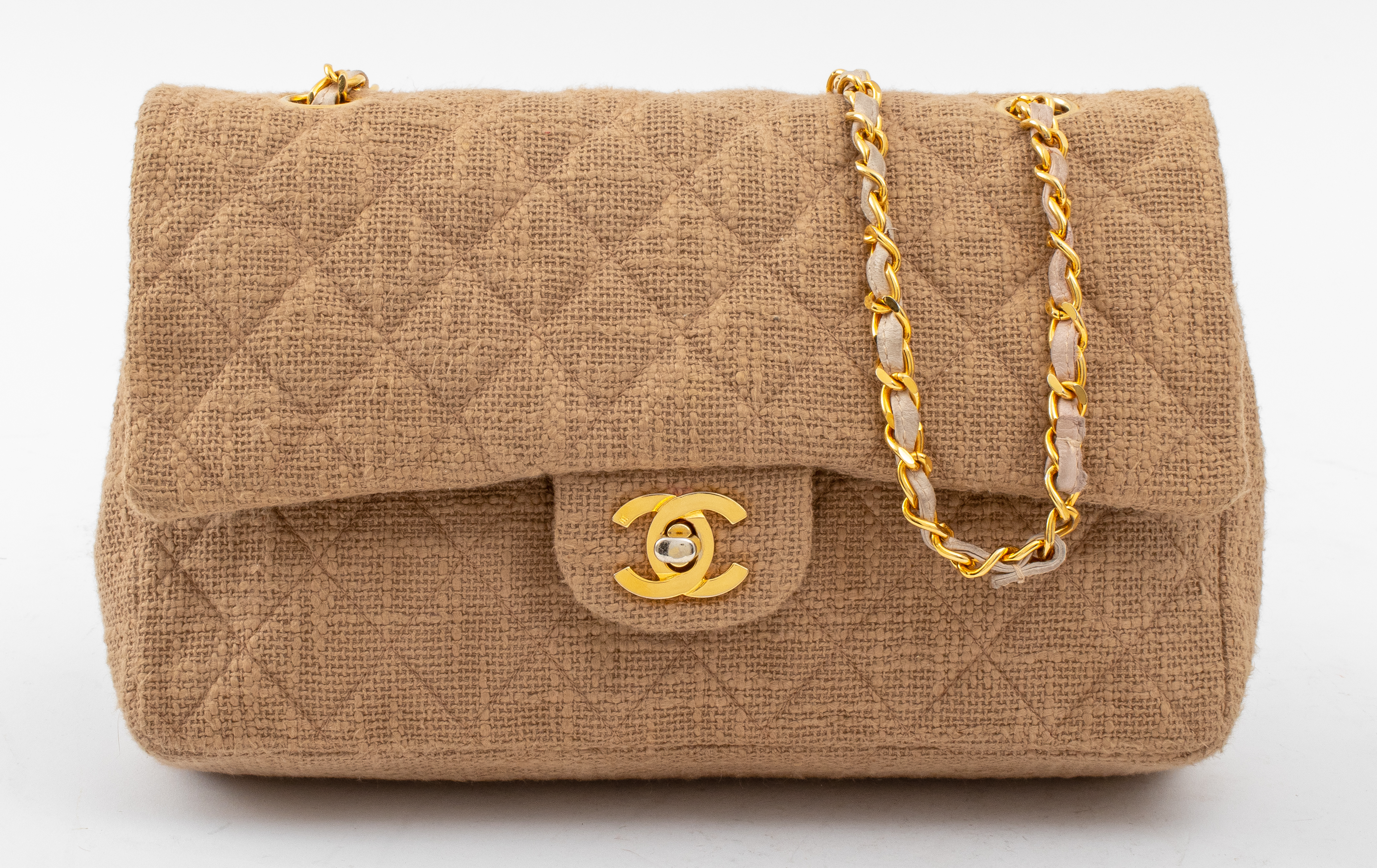 Appraisal: CHANEL BEIGE LINEN FLAP BAG WITH CHAIN STRAP Vintage Chanel