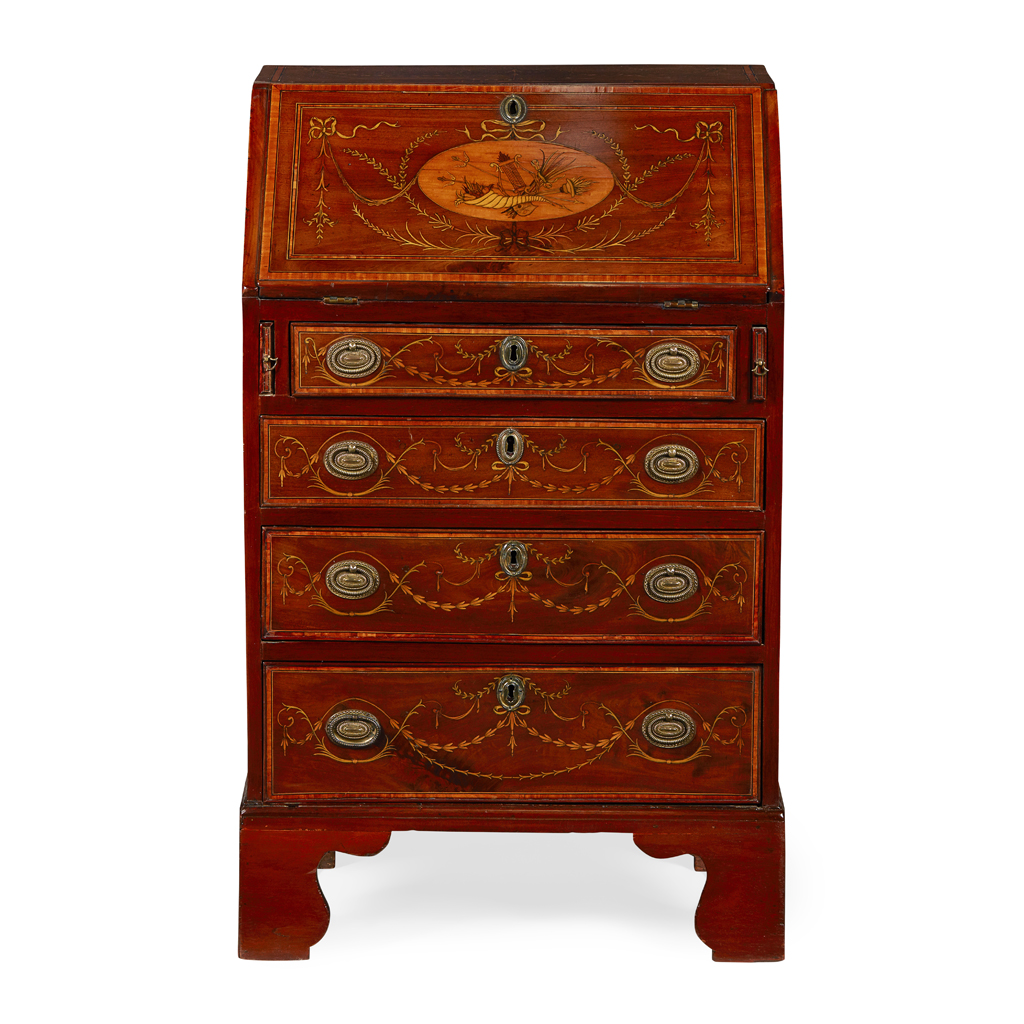 Appraisal: SMALL GEORGE III STYLE MAHOGANY AND SATINWOOD INLAID BUREAU TH