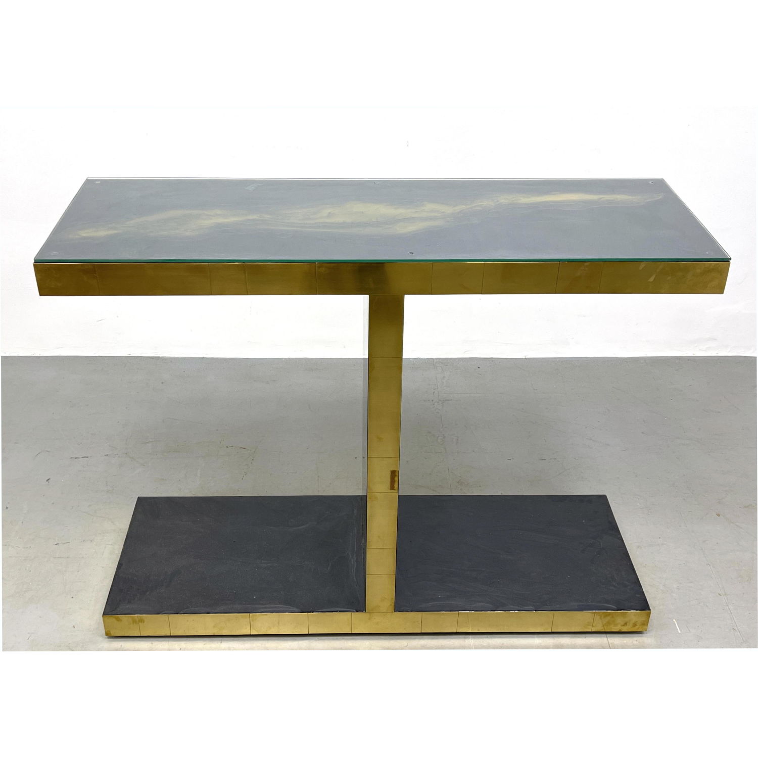 Appraisal: Modernist Hall Console Table Faux Stone Resin Decoration Glass top