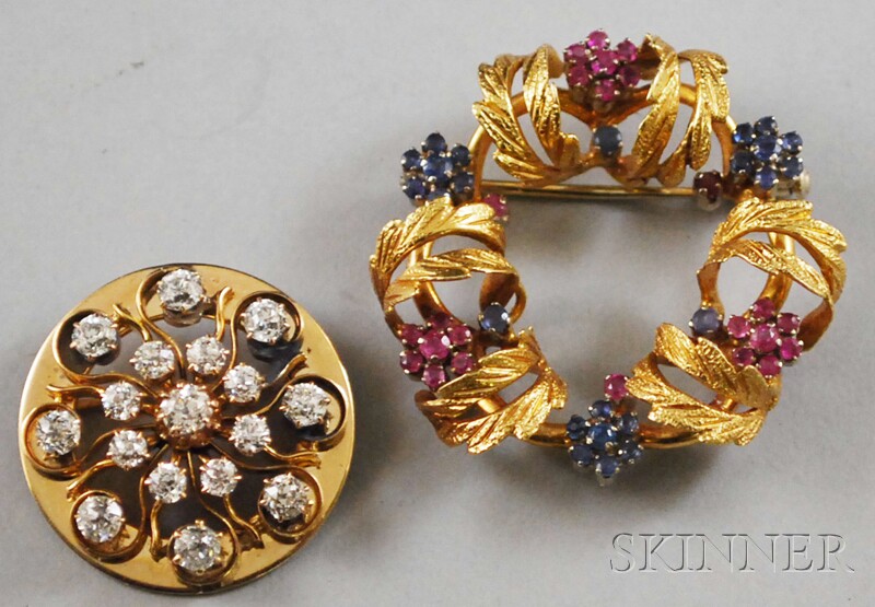 Appraisal: Two Gold Gem-set Brooches an kt gold gem-set wreath brooch