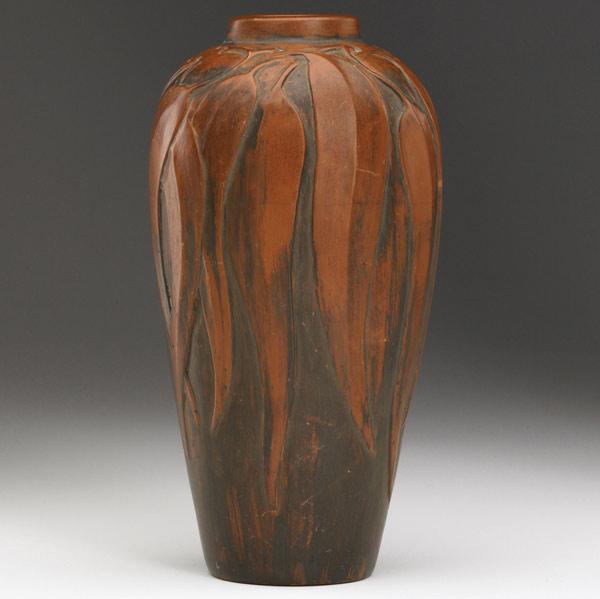 Appraisal: REDLANDS Very rare tall vase carved with eucalyptus leaves and