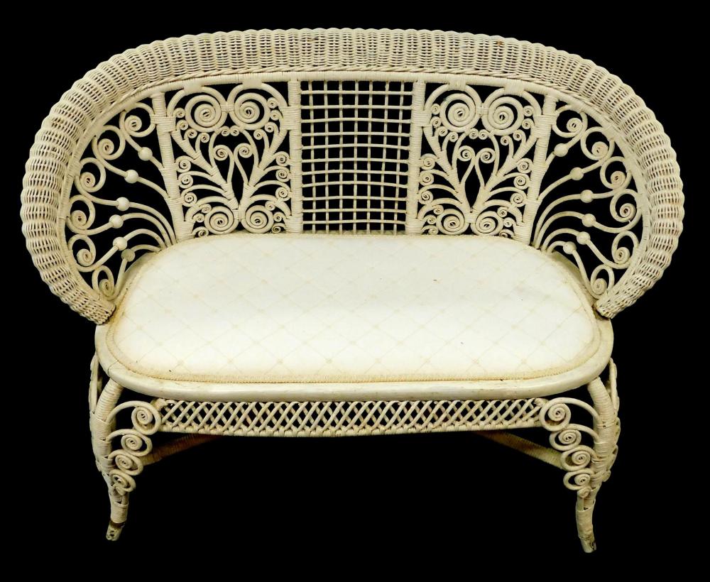 Appraisal: Wicker settee with scrollwork and white painted finish th C