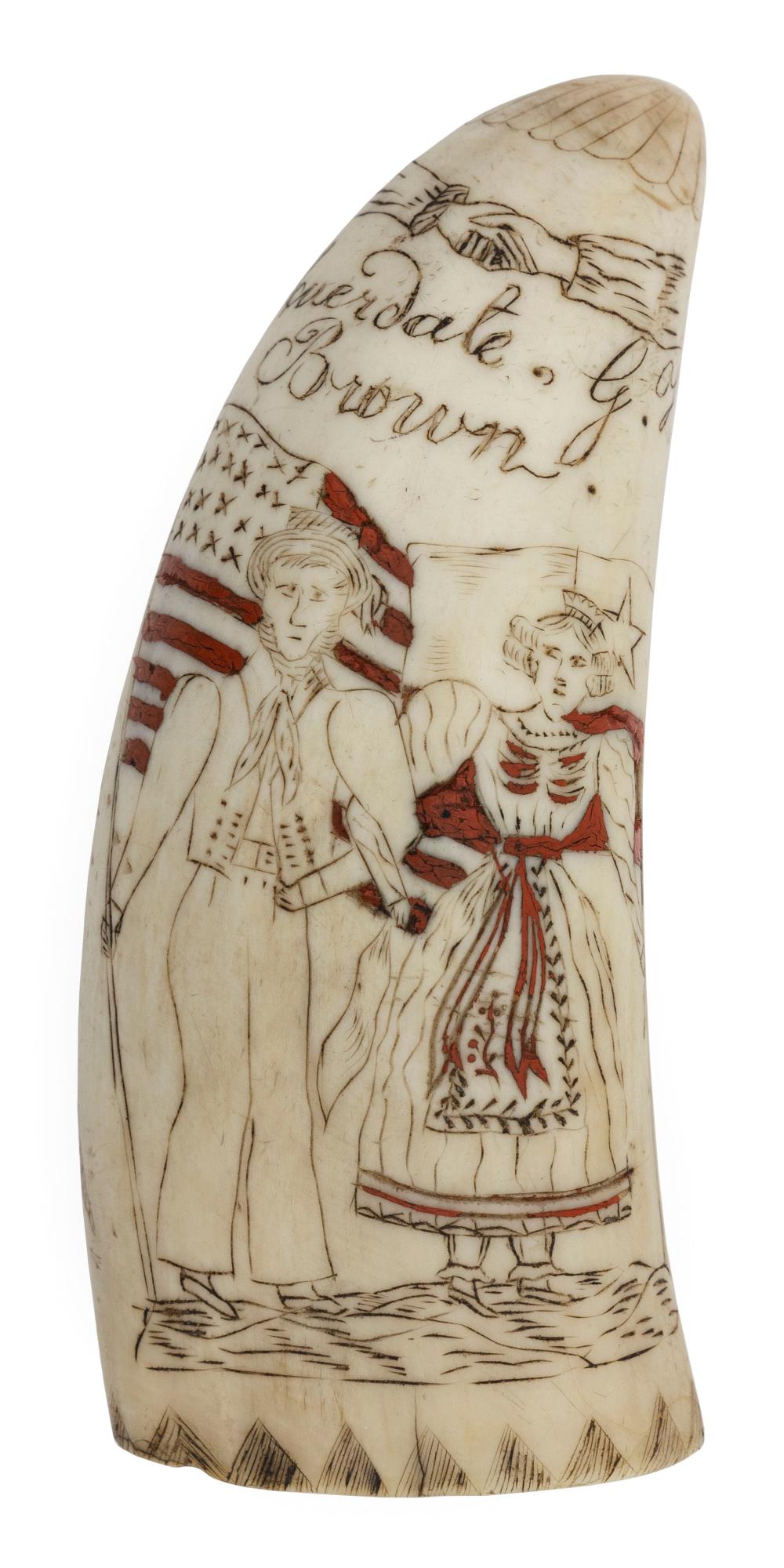 Appraisal: POLYCHROME SCRIMSHAW WHALE'S TOOTH WITH CHILEAN WOMAN AND SAILORS MID-