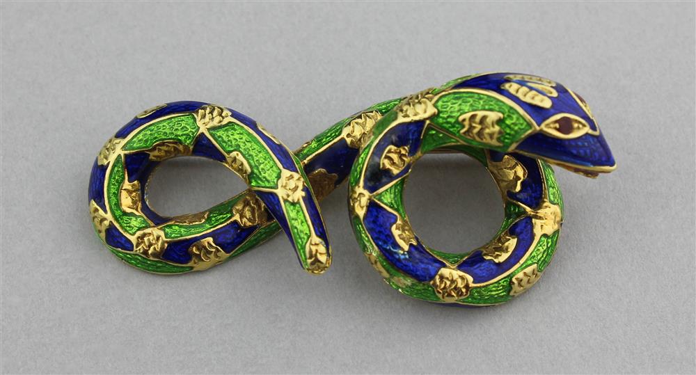 Appraisal: K YELLOW GOLD AND ENAMELED SERPENT BROOCH WITH RUBY EYES