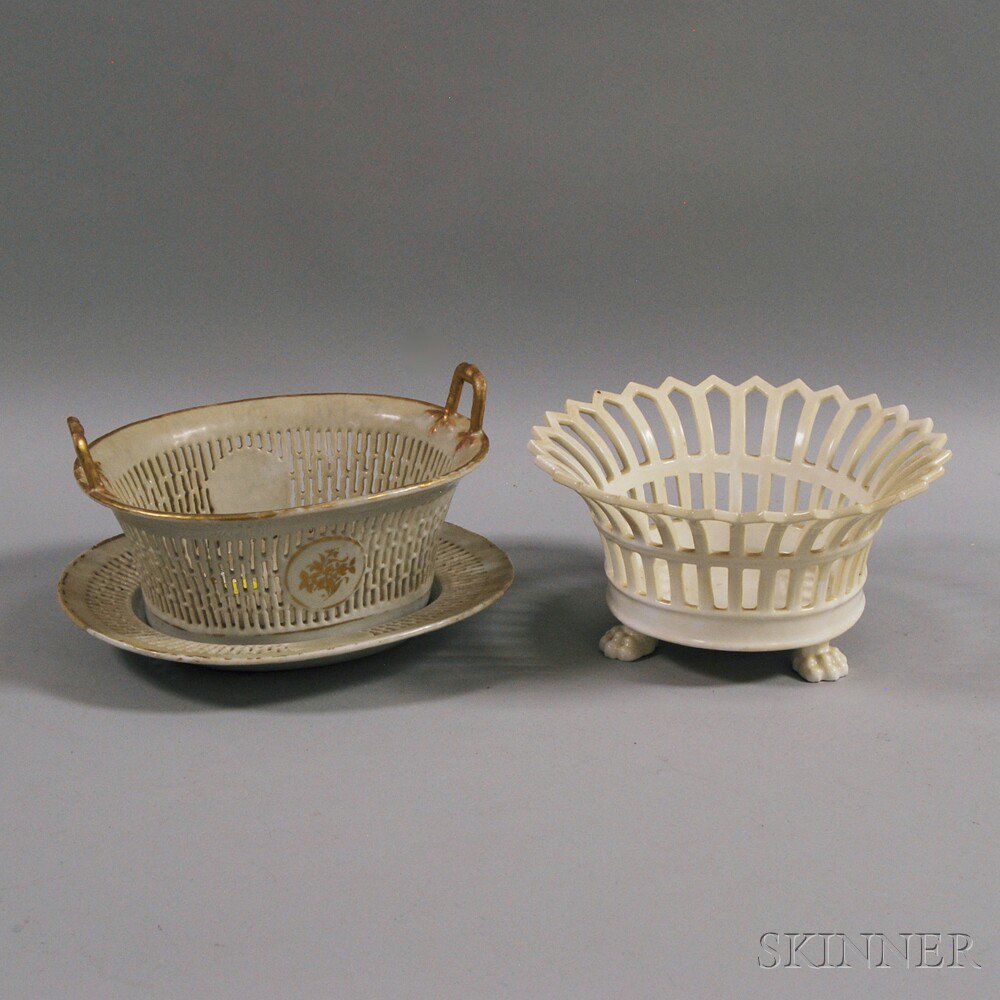 Appraisal: Two Reticulated Porcelain Baskets a Chinese export porcelain double-handled basket