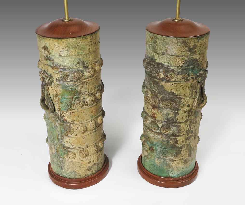 Appraisal: PAIR OF SOUTHEAST ASIAN PATINATED BRONZE VASES Mounted as lamps