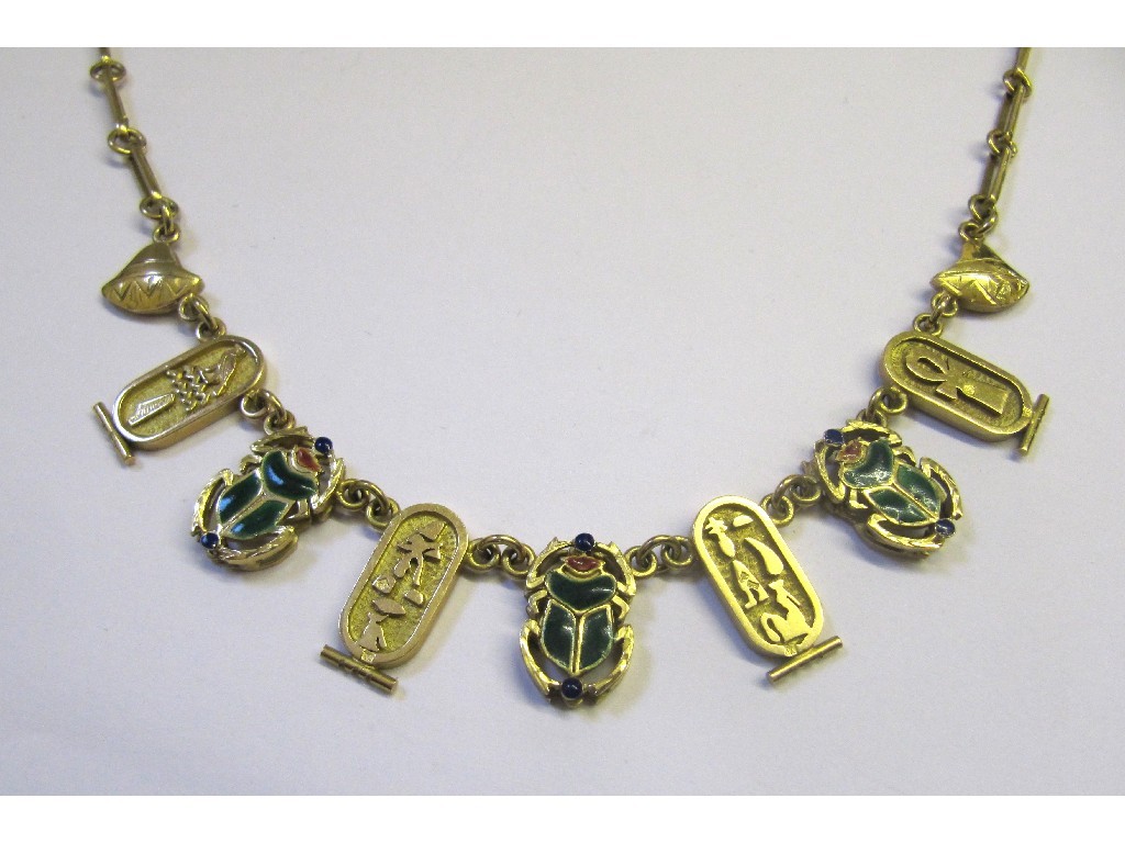 Appraisal: ct gold necklace with a fringe of panels with hieroglyphics