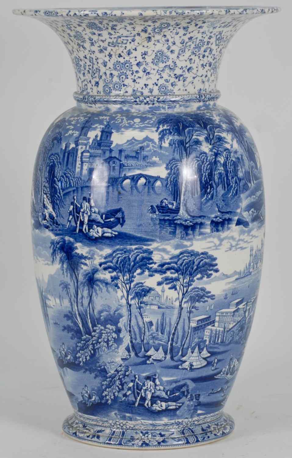 Appraisal: LARGE ENGLISH STAFFORDSHIRE VASE th CenturyBlue and white transfers depict